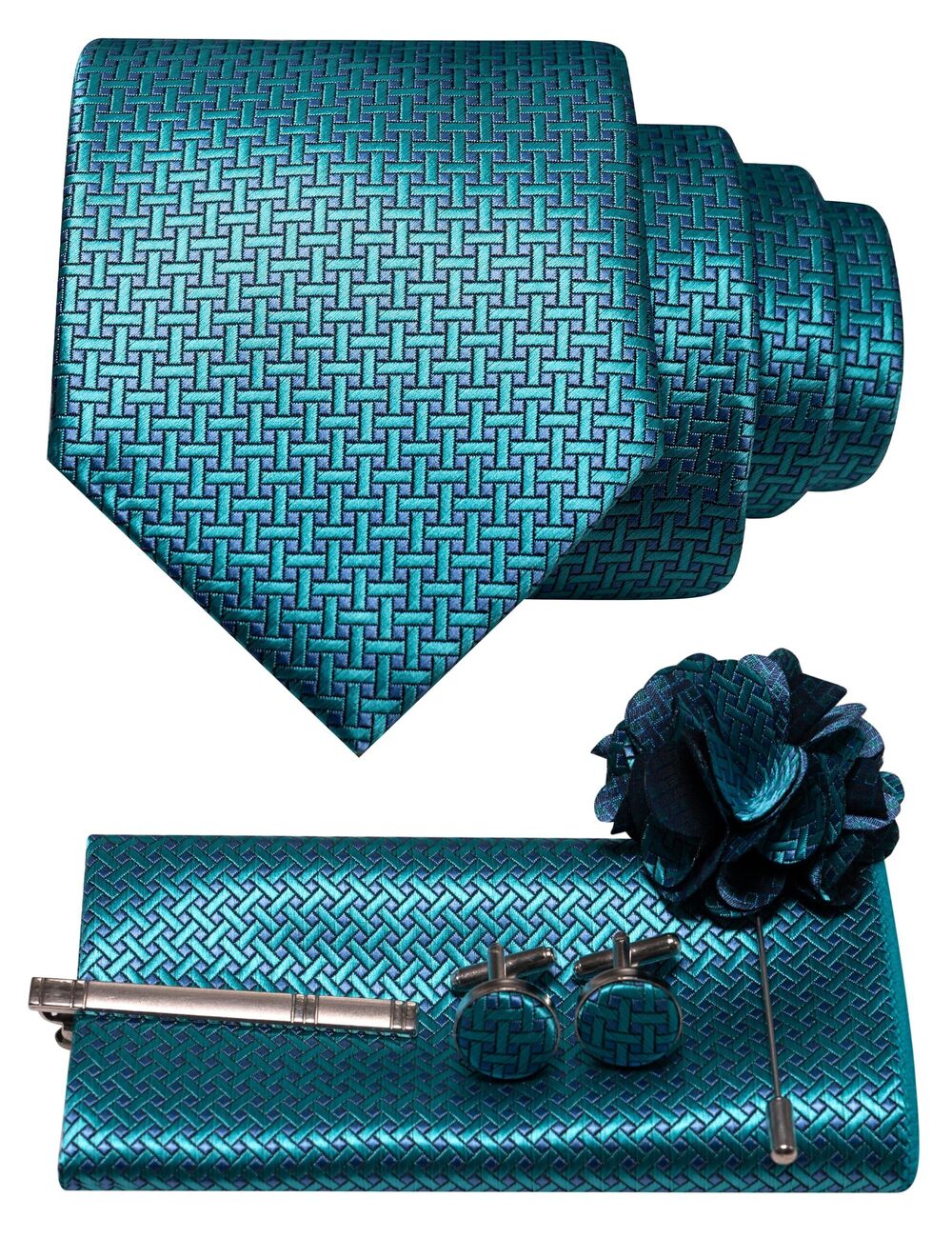 6408 Teal Tie and Lapel Pin Necktie Pocket Square and Tie Clip